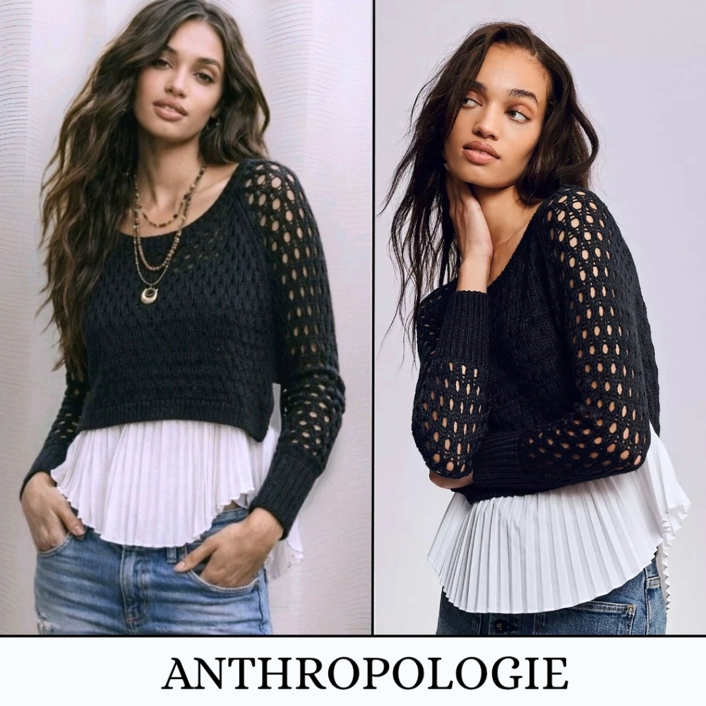 NEW Anthropologie Maeve Black/Noir Layered Pleated Sweater Top Womens Size XXS